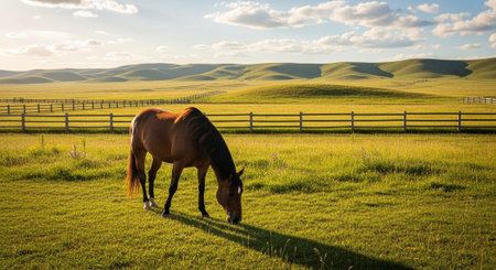 Traditional Farm Animals Grazing in Green Pasture at Sunset, Rural Countryside Landscape.