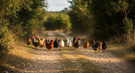 Traditional Farm Animals Grazing in Green Pasture at Sunset, Rural Countryside Landscape.の写真素材