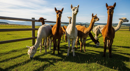 Traditional Farm Animals Grazing in Green Pasture at Sunset, Rural Countryside Landscape.の写真素材