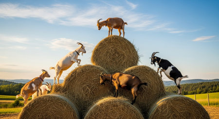 Traditional Farm Animals Grazing in Green Pasture at Sunset, Rural Countryside Landscape.