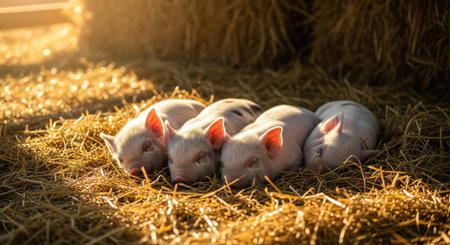 Traditional Farm Animals Grazing in Green Pasture at Sunset, Rural Countryside Landscape.の写真素材