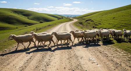 Traditional Farm Animals Grazing in Green Pasture at Sunset, Rural Countryside Landscape.の写真素材