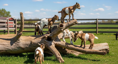 Traditional Farm Animals Grazing in Green Pasture at Sunset, Rural Countryside Landscape.