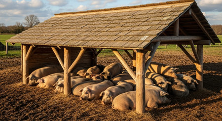 Traditional Farm Animals Grazing in Green Pasture at Sunset, Rural Countryside Landscape.