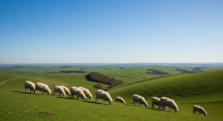 Traditional Farm Animals Grazing in Green Pasture at Sunset, Rural Countryside Landscape.の写真素材