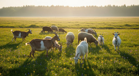 Traditional Farm Animals Grazing in Green Pasture at Sunset, Rural Countryside Landscape.