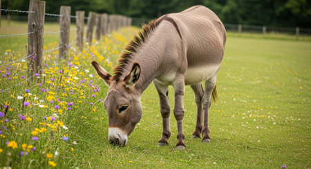 Traditional Farm Animals Grazing in Green Pasture at Sunset, Rural Countryside Landscape.の写真素材
