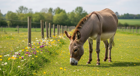 Traditional Farm Animals Grazing in Green Pasture at Sunset, Rural Countryside Landscape.
