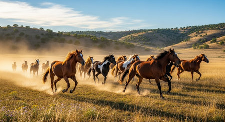 Traditional Farm Animals Grazing in Green Pasture at Sunset, Rural Countryside Landscape.