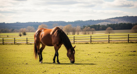 Traditional Farm Animals Grazing in Green Pasture at Sunset, Rural Countryside Landscape.の写真素材