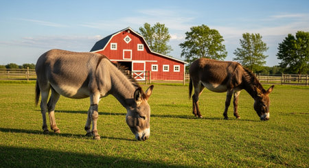 Traditional Farm Animals Grazing in Green Pasture at Sunset, Rural Countryside Landscape.