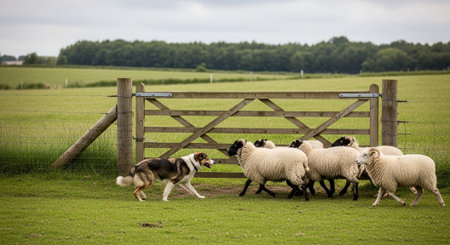 Traditional Farm Animals Grazing in Green Pasture at Sunset, Rural Countryside Landscape.の写真素材