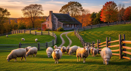 Traditional Farm Animals Grazing in Green Pasture at Sunset, Rural Countryside Landscape.の写真素材