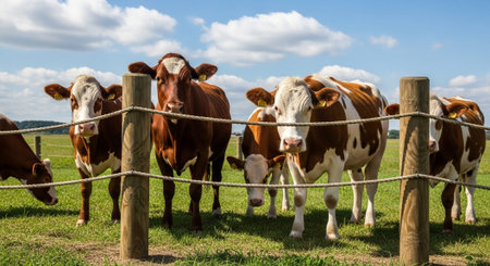 Traditional Farm Animals Grazing in Green Pasture at Sunset, Rural Countryside Landscape.の写真素材