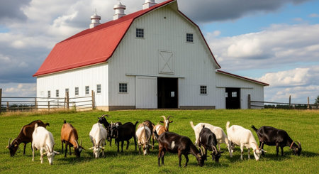 Traditional Farm Animals Grazing in Green Pasture at Sunset, Rural Countryside Landscape.