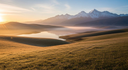 Mountain lake at sunrise, Kyrgyzstan, Central Asia