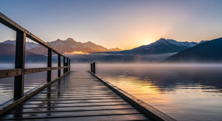 Wooden jetty on the lake at sunrise, Alps, Switzerland