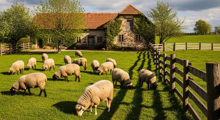 Traditional Farm Animals Grazing in Green Pasture at Sunset, Rural Countryside Landscape.