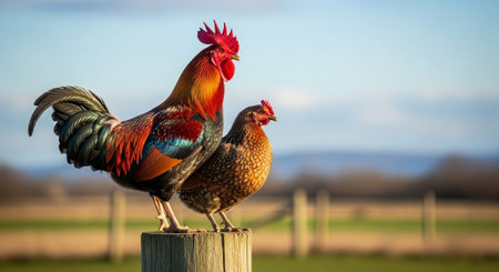 Traditional Farm Animals Grazing in Green Pasture at Sunset, Rural Countryside Landscape.の写真素材
