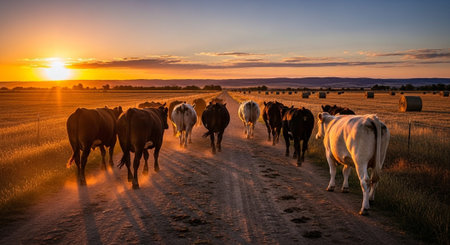 Traditional Farm Animals Grazing in Green Pasture at Sunset, Rural Countryside Landscape.の写真素材