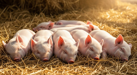 Traditional Farm Animals Grazing in Green Pasture at Sunset, Rural Countryside Landscape.の写真素材