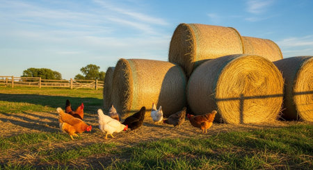 Traditional Farm Animals Grazing in Green Pasture at Sunset, Rural Countryside Landscape.の写真素材