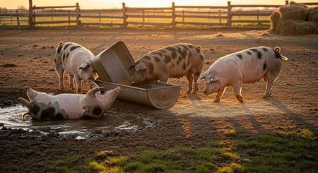 Traditional Farm Animals Grazing in Green Pasture at Sunset, Rural Countryside Landscape.の写真素材