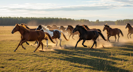 Traditional Farm Animals Grazing in Green Pasture at Sunset, Rural Countryside Landscape.の写真素材