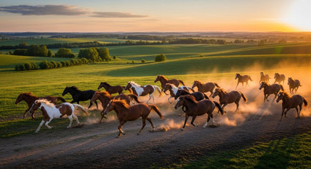 Traditional Farm Animals Grazing in Green Pasture at Sunset, Rural Countryside Landscape.の写真素材