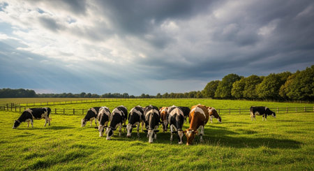 Traditional Farm Animals Grazing in Green Pasture at Sunset, Rural Countryside Landscape.