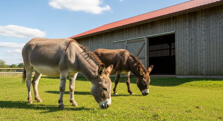 Traditional Farm Animals Grazing in Green Pasture at Sunset, Rural Countryside Landscape.