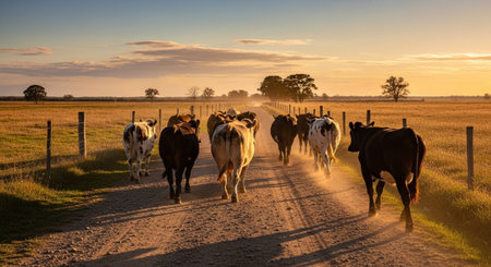Traditional Farm Animals Grazing in Green Pasture at Sunset, Rural Countryside Landscape.の写真素材