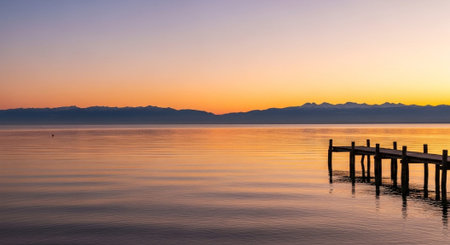 Sunset on Lake Lucerne, Switzerland, with wooden jetty
