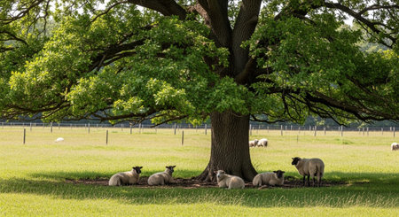 Traditional Farm Animals Grazing in Green Pasture at Sunset, Rural Countryside Landscape.