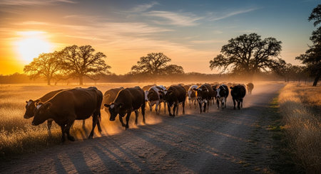 Traditional Farm Animals Grazing in Green Pasture at Sunset, Rural Countryside Landscape.の写真素材