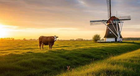 Traditional Farm Animals Grazing in Green Pasture at Sunset, Rural Countryside Landscape.の写真素材