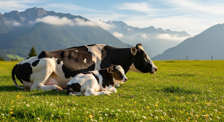 Traditional Farm Animals Grazing in Green Pasture at Sunset, Rural Countryside Landscape.の写真素材