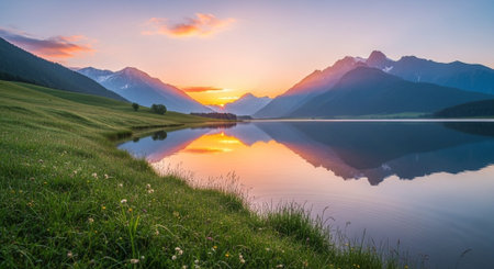Mountain lake at sunset. Landscape with alpine meadow and mountainsの写真素材