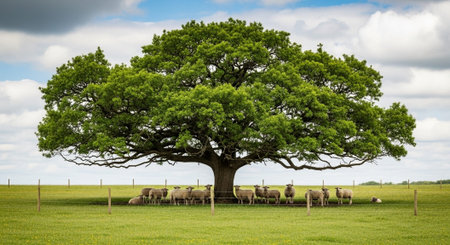 Traditional Farm Animals Grazing in Green Pasture at Sunset, Rural Countryside Landscape.の写真素材
