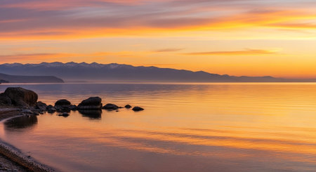Sunset over the lake Balaton, Hungary. Long exposure.の写真素材