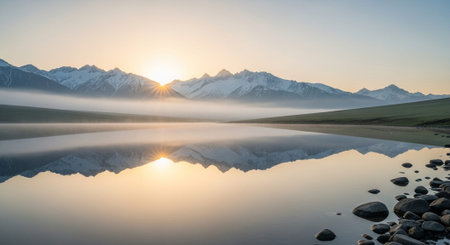 Mountains reflected in a lake at sunrise, Kyrgyzstanの写真素材