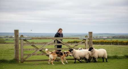 Traditional Farm Animals Grazing in Green Pasture at Sunset, Rural Countryside Landscape.の写真素材