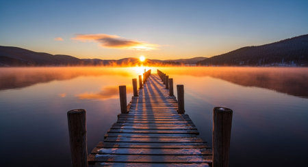 Wooden jetty on a lake at sunrise in the winter.