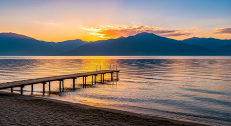 Sunset on the beach of Lake Garda, Lombardy, Italyの写真素材