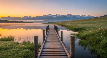 Sunrise on a lake in Bavaria, Germany. Landscape with wooden pier and mountains in the background.