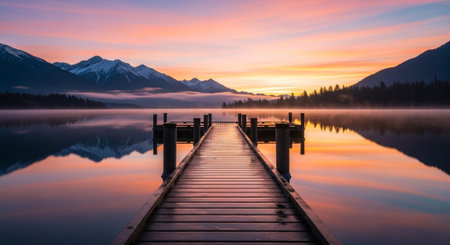 Wooden pier on lake in Glacier National Park, Montana, USA