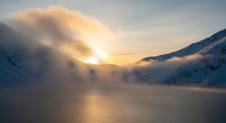 Panoramic view of a foggy lake in the mountains at sunsetの写真素材