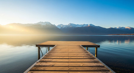 Wooden jetty on a calm lake at sunrise with snowy mountains in the background