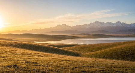 Mountain lake in the grassland at sunset. Beautiful natural landscape.