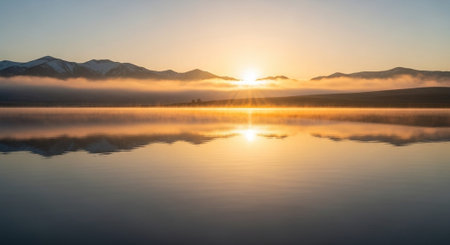 Sunrise over the lake with reflection of mountains and clouds in the waterの写真素材
